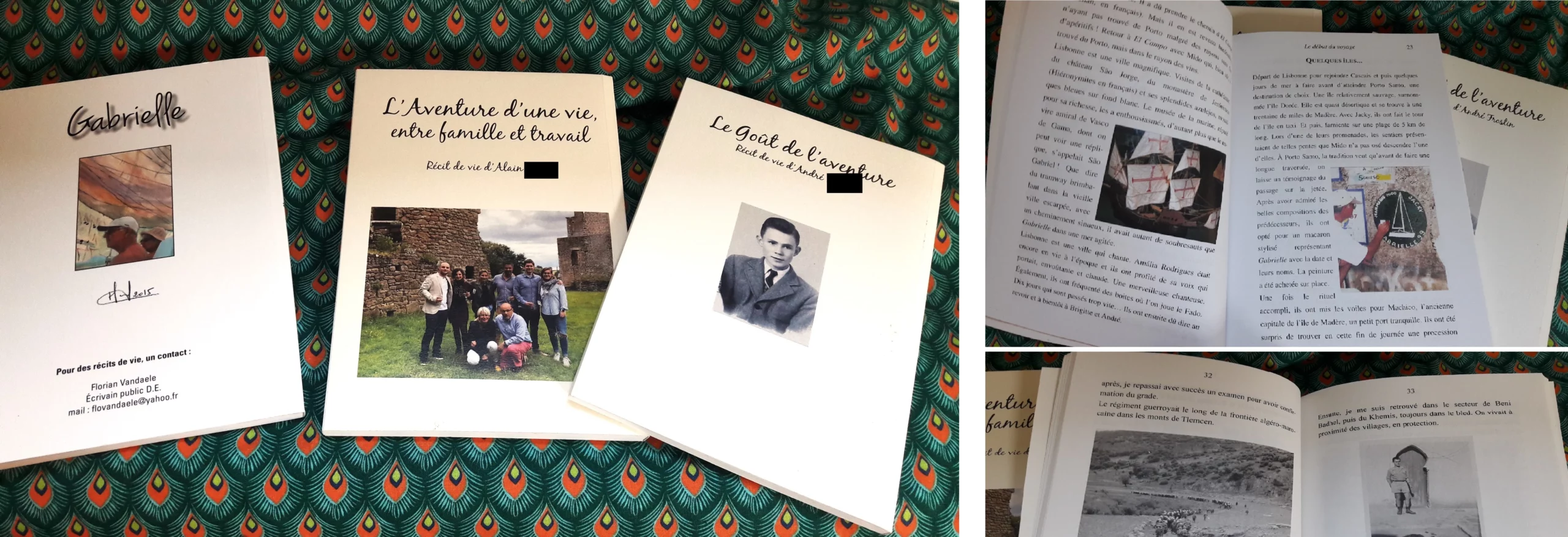 Le 4e de couverture ainsi que des pages internes de trois récits de vie que j'ai réalisé de A à Z